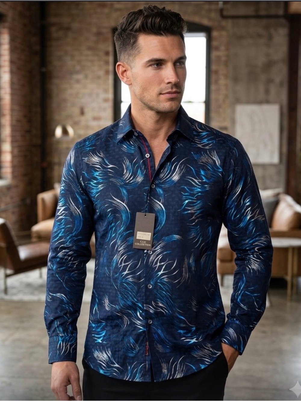 VIP Navy Blue Metallic Print Long-Sleeve Dress Shirt